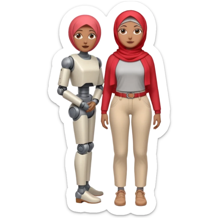 Heavy-set woman with medium-brown skin wearing a light red hijab, cream top, light red pants, tan shoes, and a grey robot leg. Standing confidently with one hand on her hip sticker