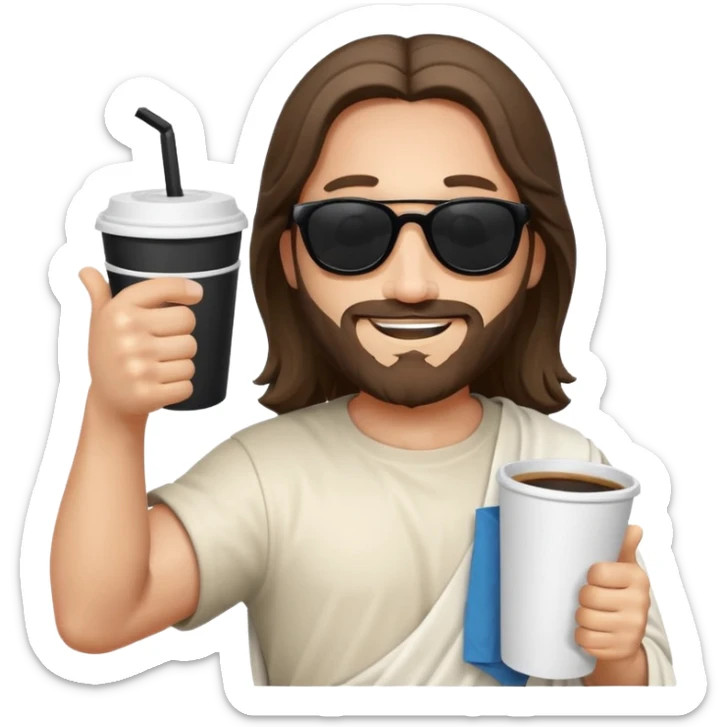 emoji di Gesù con occhiali da sole un pollice in su e in una mano un bicchiere di carta
 sticker