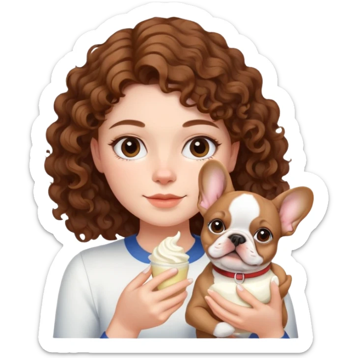  girl with brown curly hair holding cream colored french bulldog  sticker