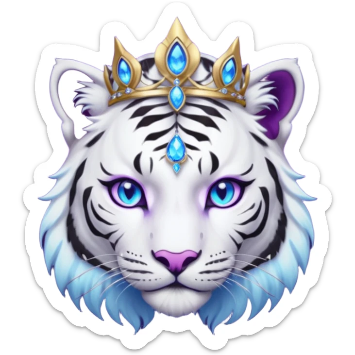 ESO Female white/black tiger khajiit leader of the umbral rose, glowing blue eyes, glowing blue 'third eye' gem; purple gem silver tiara sticker