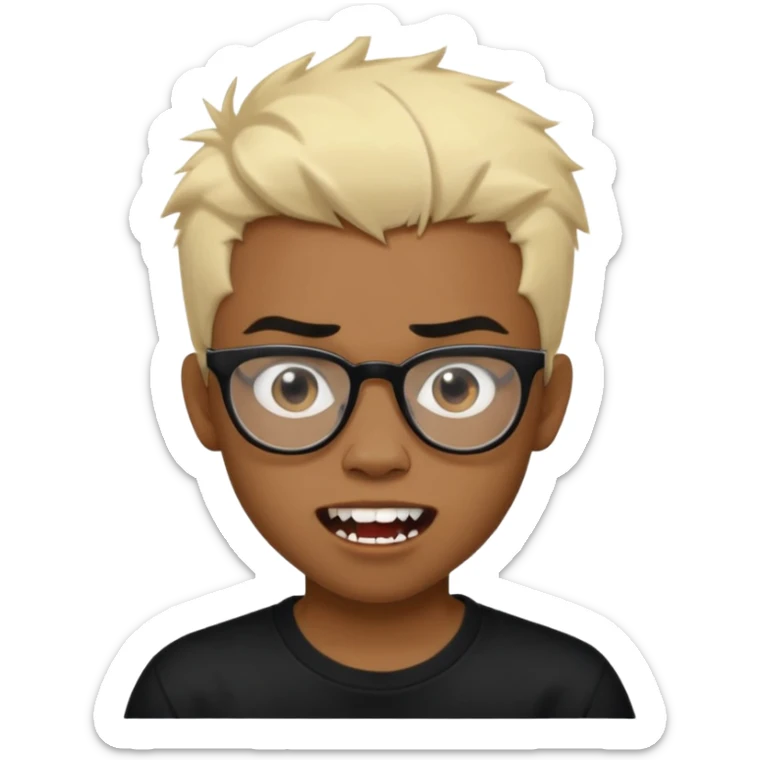 Black Male Teenager with Short punk messy blonde hair, Dark brown bushy eyebrows large expressive golden-brown eyes, wearing a plain white t-shirt, wearing thick black glasses, Dark Brown skin color. Showing off his vampire tooth sticker
