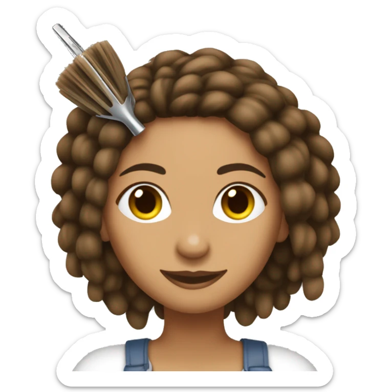 Olive skin tone female with brown dreadlocks wearing pick and holding dog grooming tools sticker