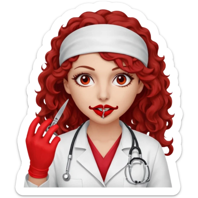 Scary woman scalpel in hand, evil surgeon sexy surgeon clothes.  She has red eyes. Her  brown long curly hair. Wears sexy doctor outfit with red gloves. Hides mouth necknose with red bandana to hide her identity sticker