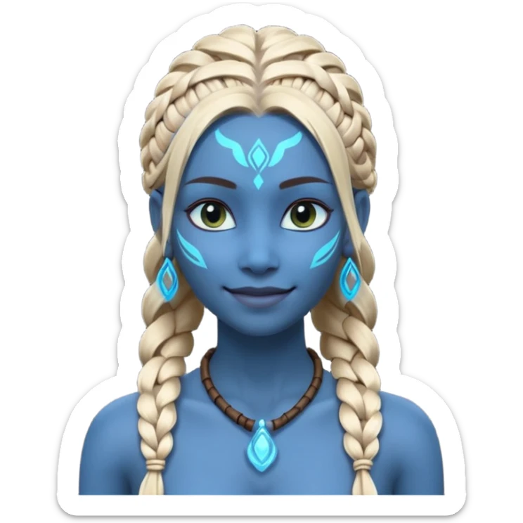 avatar-style Na’vi female portrait, head and shoulders only, blue skin, glowing bioluminescent markings, long braided hair, subtle tribal jewelry, confident smile, 3D cartoon, mobile game icon style, clean background, no text, no watermark
 sticker