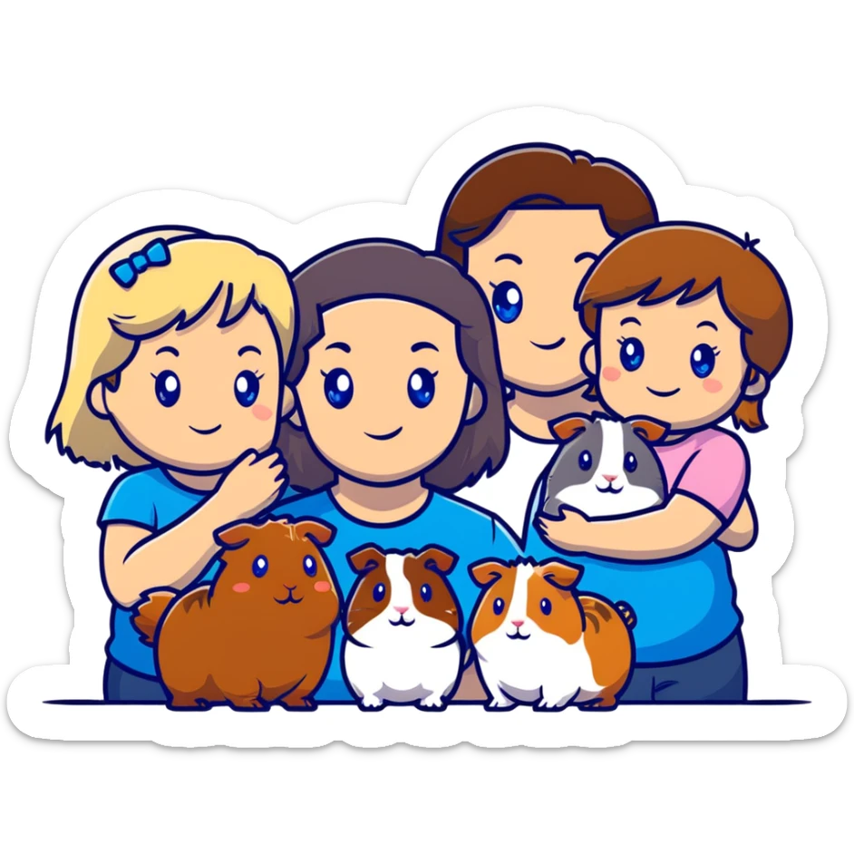 Family portrait with father with dark brown hair and blue eyes, mother with light brown hair and blue eyes, three blonde little girls with blue eyes, plus a grey cat and two guinea pigs sticker