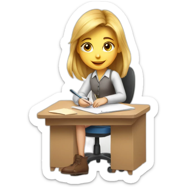 White Smart girl doing Homework on a desk writing on a pice of paper sticker