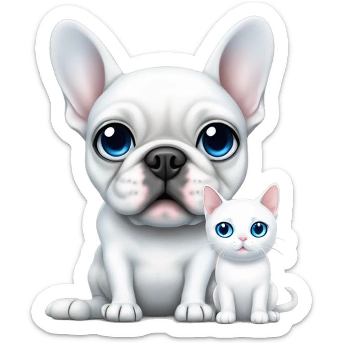 White French bulldog with blue eyes and a white cat with blue eyes sitting together sticker