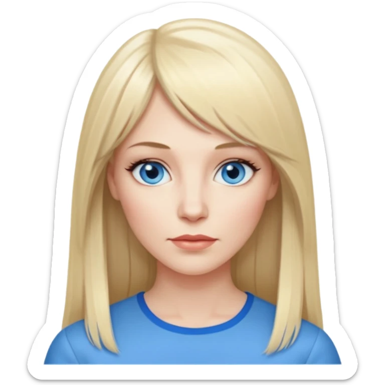 40 yr old white woman, pale skin, long straight blond hair parted in center, blue eyes, bangs sticker
