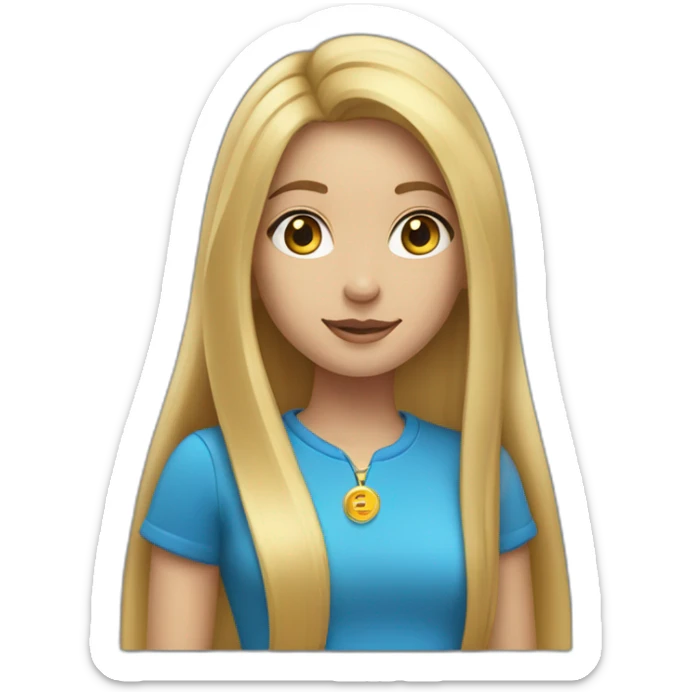 blonde girl with long straight hair dressed in a blue shirt and a golden pendant sticker