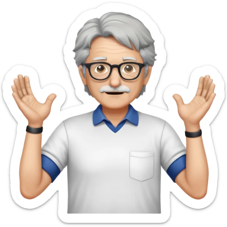 older professor with salt-and-pepper hair and glasses wearing shirts, no mustache, with hands positioned as if grabbing an invisible rugby ball sticker
