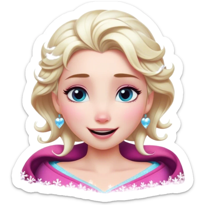 Cinematic Adorable Elsa Portrait Emoji, Giggling as tiny snowflakes swirl around her, cheeks flushed pink from the cold, eyes twinkling with warmth, a heart-melting mix of beauty and playfulness! sticker