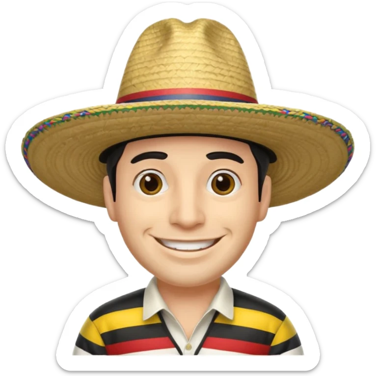 A happy fair skinned Colombian man wearing a Colombian sombrero that has black horizontal stripes sticker