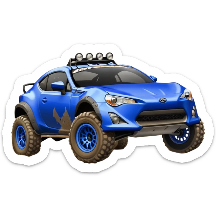 Dirty raced jacked 2013 scion fr-s ultramarine off road 4wd monster Baja dessert stadium rock racer number 86 with long travel suspension, shiny silver wheels, exaggerated wide black fender flares  sticker