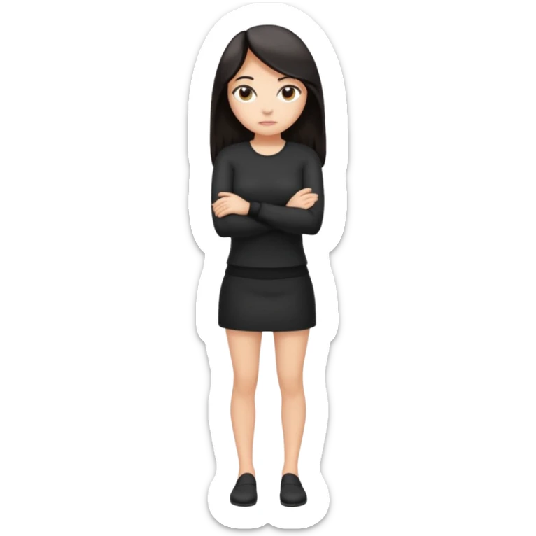 Cartoon emoji of a woman with long, loose dark hair, wearing simple black clothes. Full-height, standing nervously with hunched shoulders, head slightly down, arms close or crossed, legs together, eyes looking away. Smooth, simple, stylized. sticker