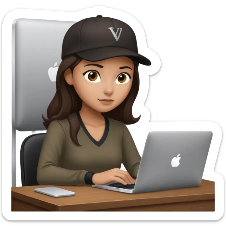 A professional 3D avatar of a young woman with olive skin and long, dark brown hair, wearing a dark, long-sleeved V-neck brown shirt and a black baseball cap. She's sitting at a sleek wooden desk, typing and looking at a silver MacBook.  sticker