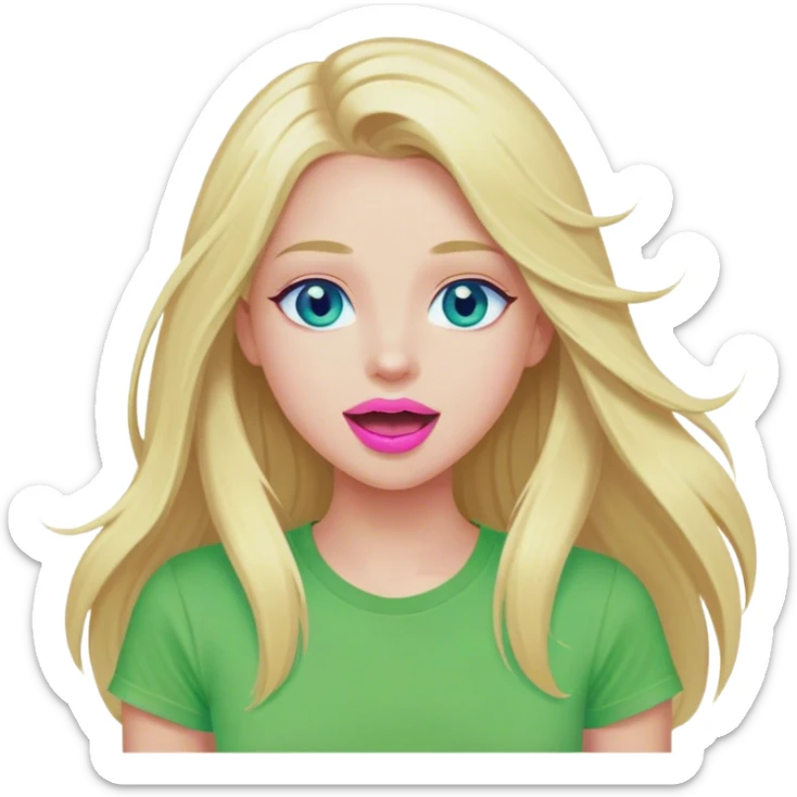 Cinematic realistic blonde with long hair, blue eyes and pink lips, dressed in a green T-shirt, rejoices sticker