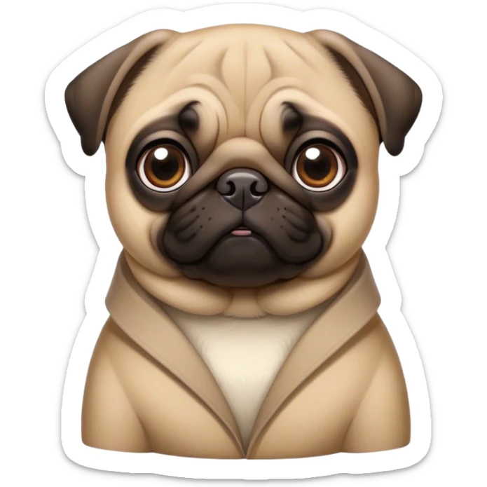 Cinematic Noble Fawn Pug Portrait Emoji, Poised and regal, with a compact, sturdy build and a sleek, well-groomed fawn coat, deep-set soulful dark eyes, Simplified yet sharp and sophisticated features, highly detailed, glowing with a soft, dignified glow, high shine, intelligent and spirited, stylized with an air of confidence, focused and attentive, soft glowing outline, capturing the essence of a watchful and commanding companion, so majestic it feels as though it could prance out of the screen with effortless authority! sticker