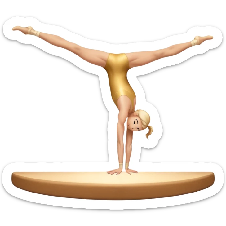 An artistic emoji of a professional sports acrobat performing a stunning balance pose on a narrow beam. The acrobat showcases perfect control, flexibility, and strength, executing an elegant handstand. The background features a bright gymnastics arena with spotlights. sticker