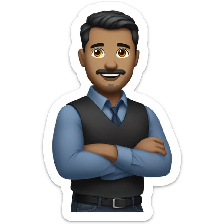  emoji of a man with short dark hair, clean-shaven, goatee and mustache.  wearing a formal button-up dark blue shirt, black pants, and a belt. smiling  with a smartwatch on his wrist.  resemble professional attire. smaller eyes  sticker