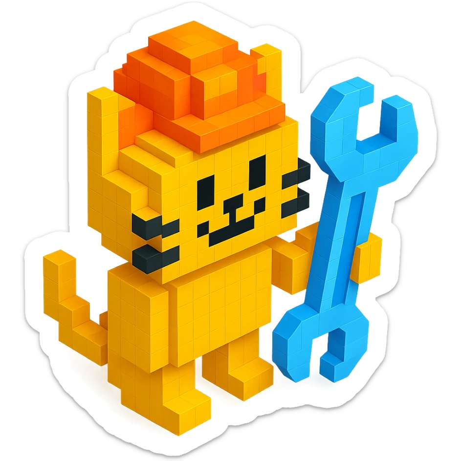 worker cat with orange construction hat holding a wrench in voxel style sticker