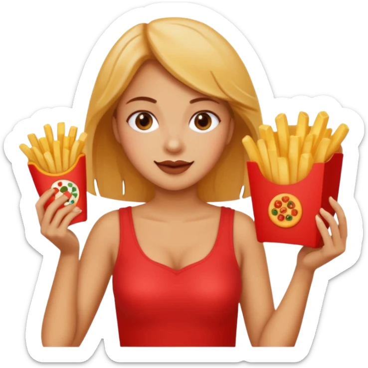 lean female holding fries on one hand and eating pizza on the other hand sticker