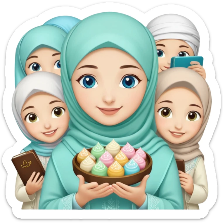 Turkish beautiful finish Konya girl blue eyes with mint hijab islamic dress and had on her hand text Eid Mubarak with sweets and celebrating with her friends eid days   sticker