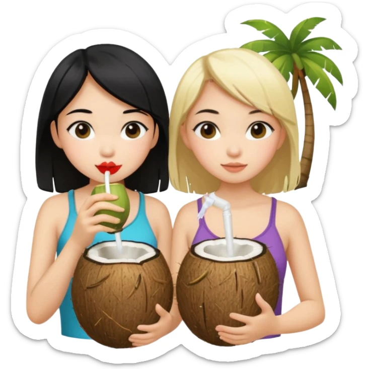 Two girls drinking out of a coconut one is Asian with black hair the other is white with blonde hair  sticker