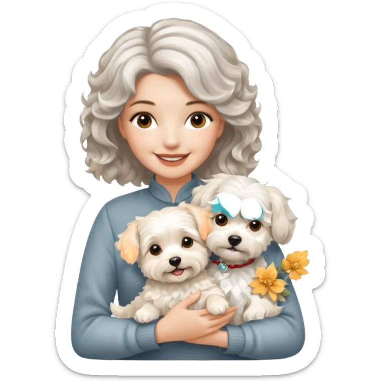 silver, short, wavy-haired with loose curls, smiling pretty lady holding westie dog and lhasa apso dog sticker