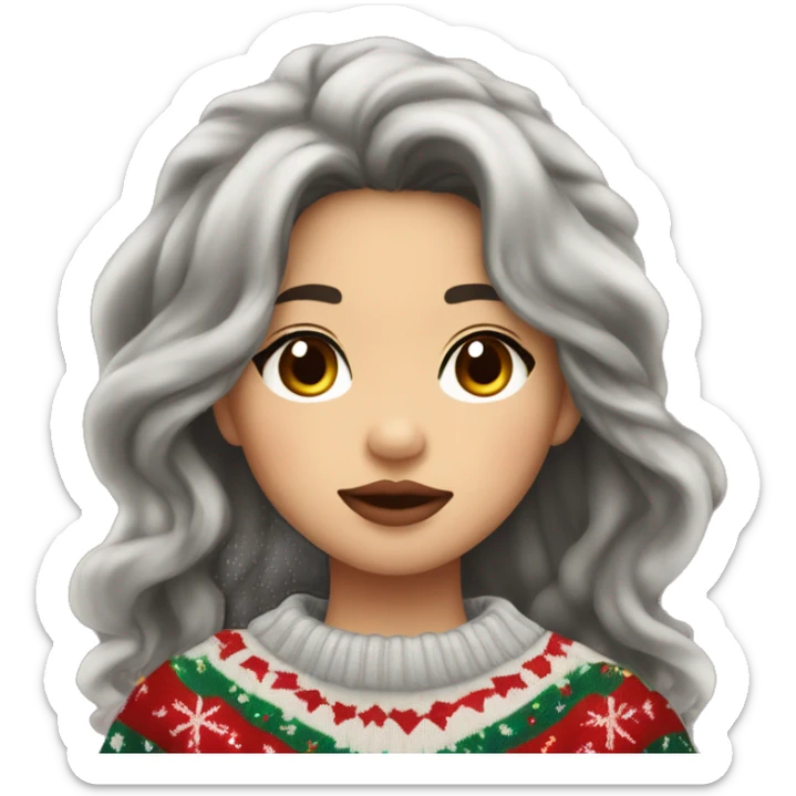 Asian girl with thick lips long wavy dark hair on the side with Christmas sweater  sticker