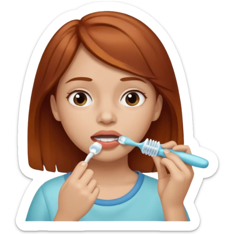 A reddish-brown-haired girl, newly awakened in the morning, is getting ready for work, brushing her teeth. sticker