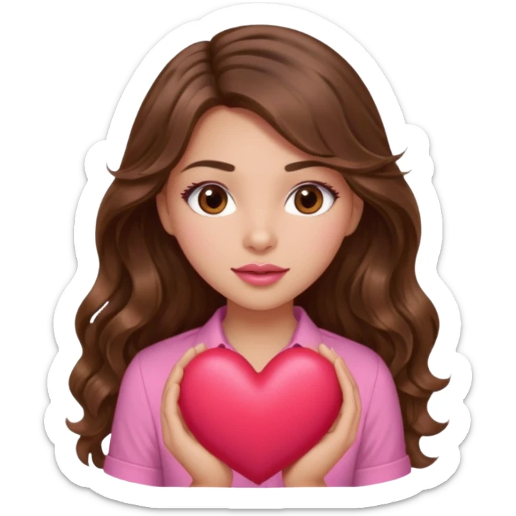 girl with long wavy brown hair, brown eyes, light to medium complexion, in a pink shirt, pink lips, long lashes, squeezing a big heart sticker
