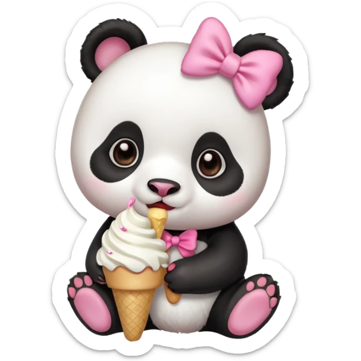 Cute chibi style girl Panda with big pink bow above ear eating and ice cream  sticker