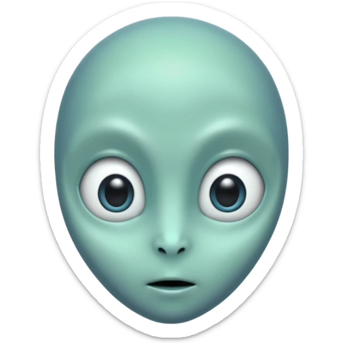 Portrait of an alien with smooth greenish-blue skin, large black oval eyes, small nose, and no visible ears, elongated head, front-facing, calm expression, soft glow, simple futuristic design sticker