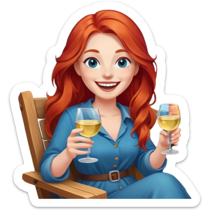 Laughing woman with long red hair and blue eyes holding white wine sitting in chair beside campfire sticker