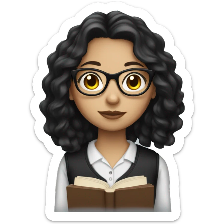 White girl with black wavy hair wearing glasses holding a book sticker