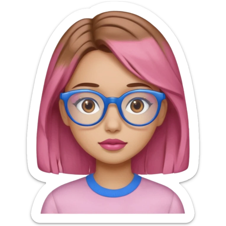 A girl with peach skin, brown eyes, blue glasses, pink lips, and light brown hair. sticker