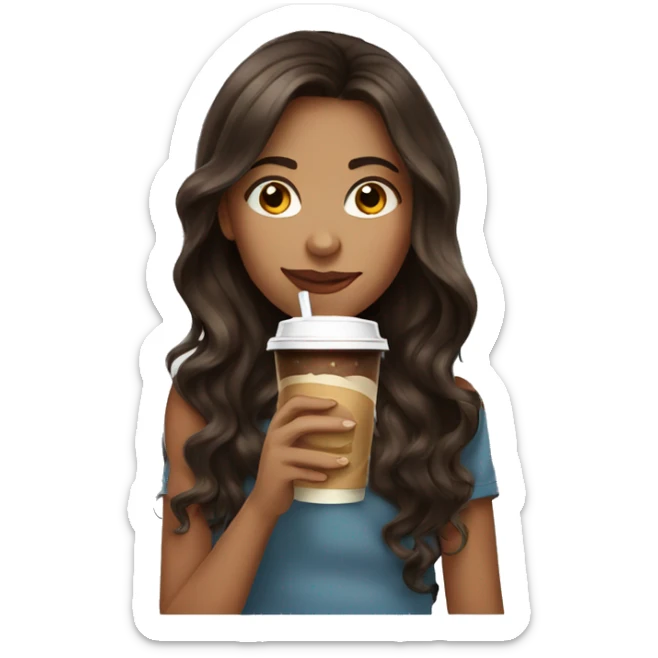 girl with long wavy dark brown hair with highlights drinking iced coffe sticker