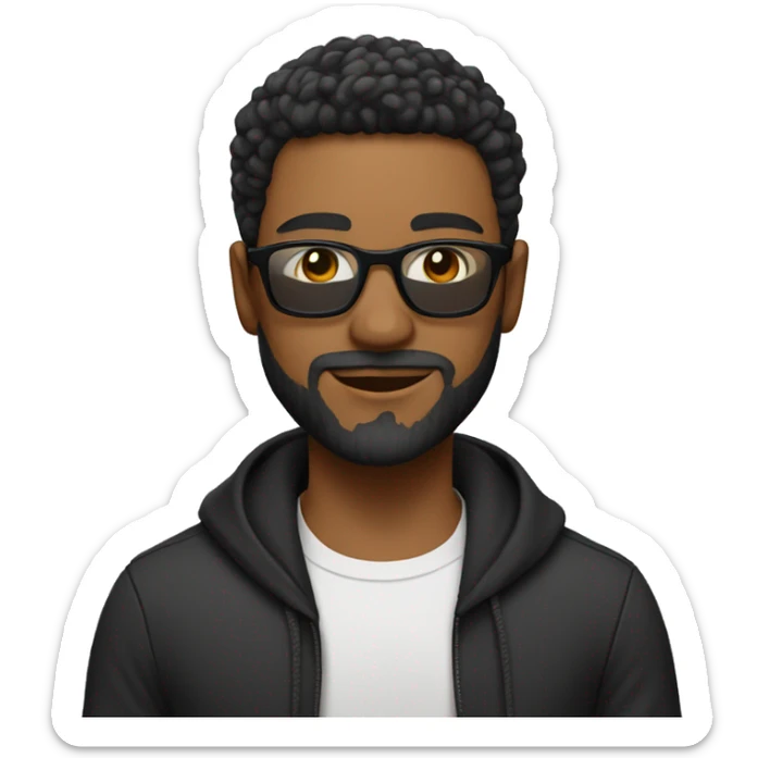 Create a male emoji, with characteristics of mixed race rao style, short hair, short and clean beard, black beach glasses, urban clothing. sticker