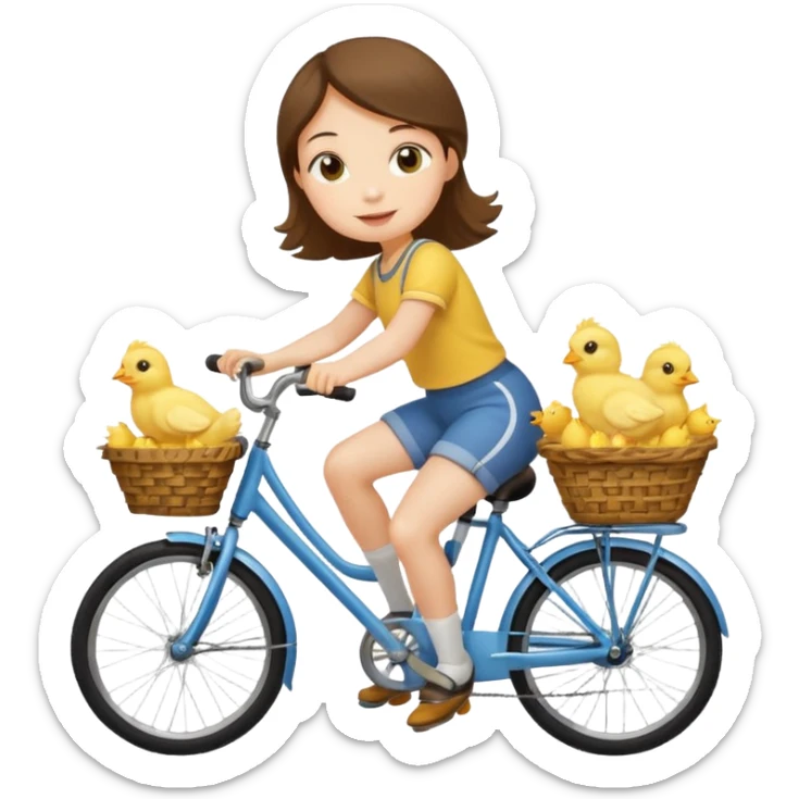 A flat toon cartoon girl riding a bicycle with a basket full of baby chicks, 1:1 square ratio. sticker