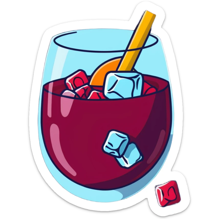 frozen sangria with lots of ice cubes, very cold, icy, with fruit pieces and wine sticker