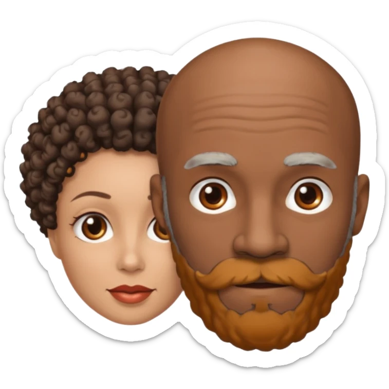 Black bald gray beard man with brown curly hair woman sticker