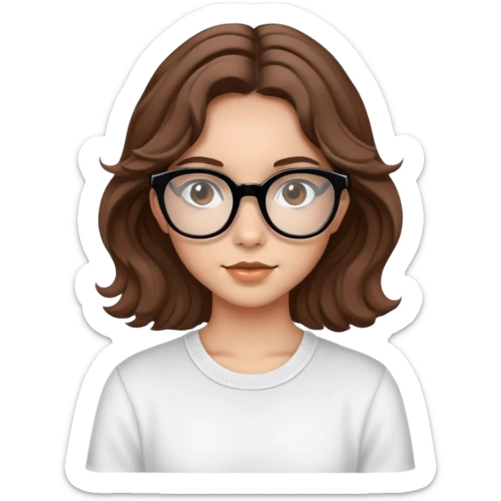 teenage girl,brown wavy hair,black vision glasses,cute,doe brown eyes. sticker