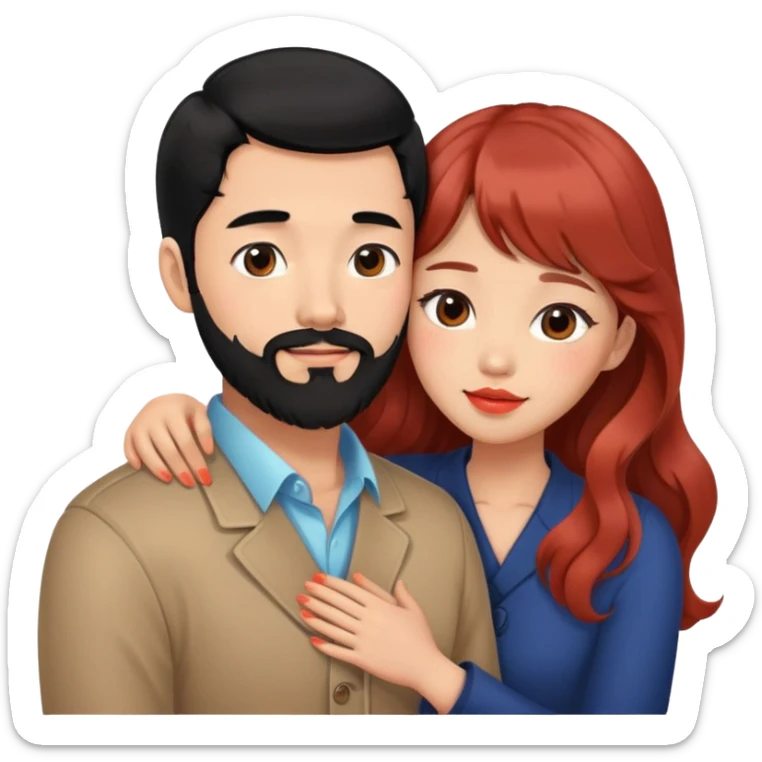 handsome tall asian man with black hair and beard, hugging cute woman with tan skin and long wavy reddish brown hair with bangs and coral lipstick sticker