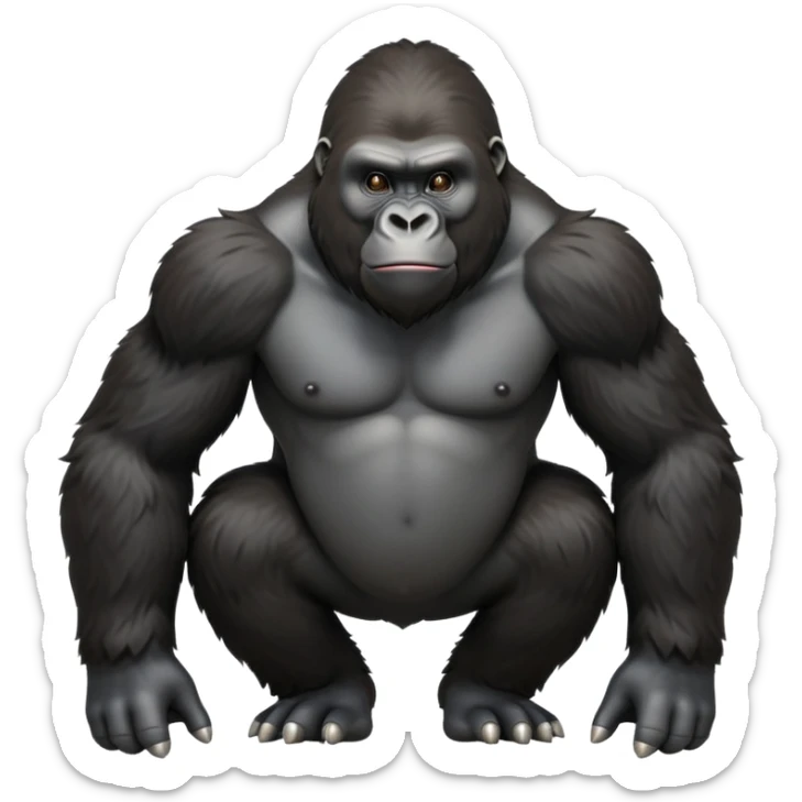 cinematic-gorilla-realistic-full-body-on-all-fours-emoji,-exuding-strength,-thick-dark-fur-in-the-light,-head-tilted-dramatically,-deep-friendly-eyes-filled-with-intense-intelligence,-simplified-yet-realistic-focused-features,-highly-detailed, zoomed out friendly  sticker