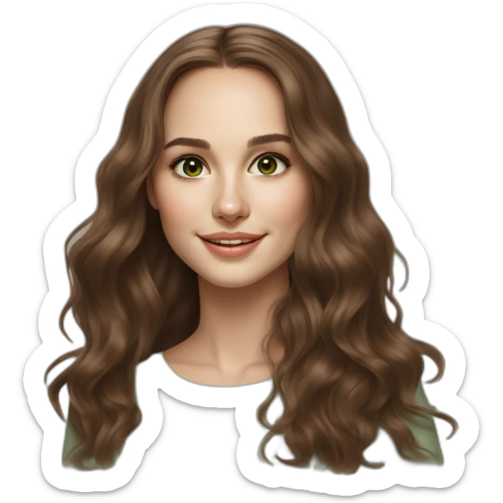 beautiful girl, white, with long loose wavy hair, brown hair, brown green eyes, looks like natalie portman, smiles at the camera,realistic drawing sticker