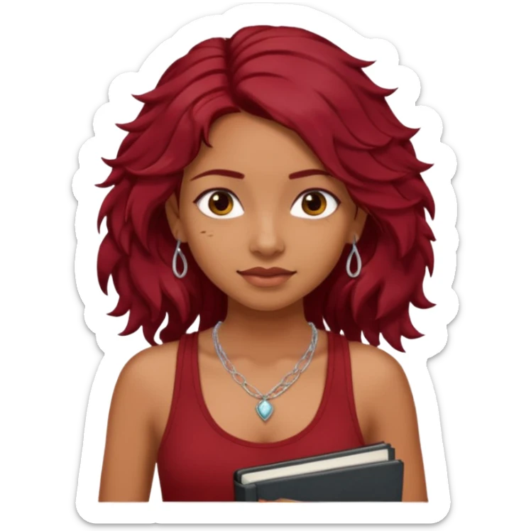 a pretty tan indian bratz girl with messy dark wavyred hair, wearing a dark red tank top, layered silver necklaces. Carrying multiple sketchbooks sticker
