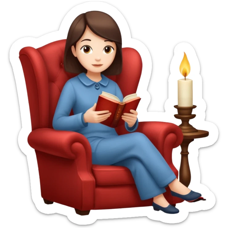 symbol of relaxation, a person relaxing on an armchair, a steaming cup of tea, a lit candle, and a book, all together, isolated on white background sticker