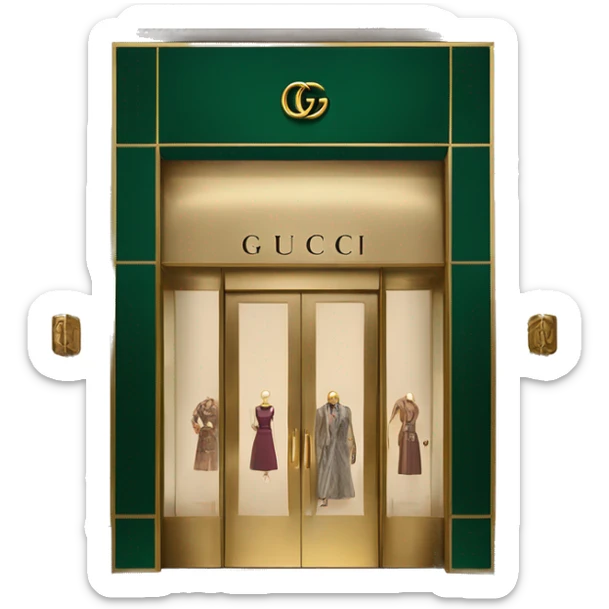 “Gucci store exterior with gold logo above entrance, large glass windows displaying luxury fashion, and elegant double doors.” sticker