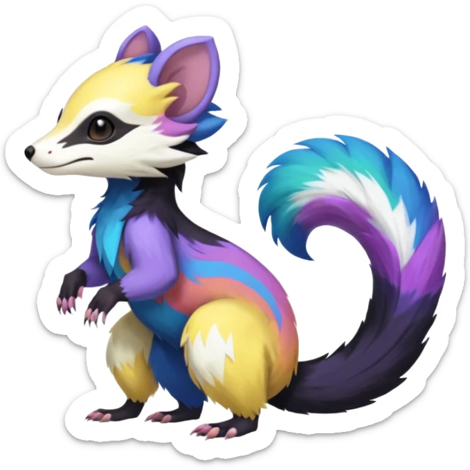 Colorful diaphanous Trico-Sergal-Skunk-Ferret-Furret-Marsupial-Vernid-fusion-Fakemon-animal-hybrid-creature, full body sticker