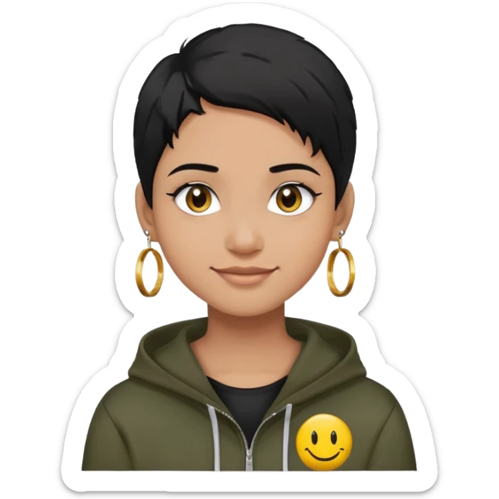 person with military cut black hair, brown eyes, wearing 2 circle earrings and a black hoodie with a smiley face sticker